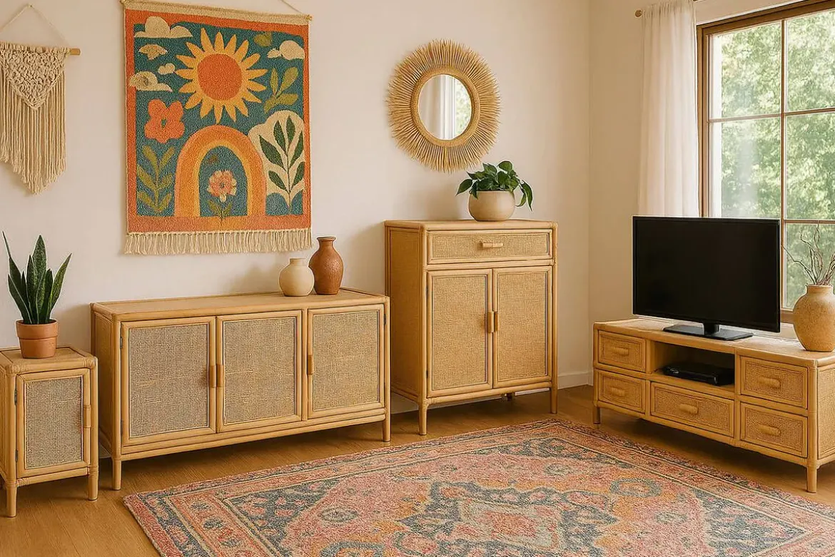 Aparador de Madera de Abeto con Ratán Natural 3 Puertas MB-220955