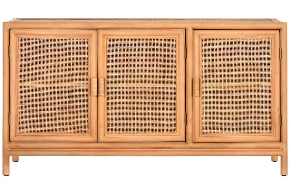 Aparador de Madera de Abeto con Ratán Natural 3 Puertas MB-220955