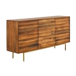 Aparador de tres puertas en madera de mango natural con patas metálicas doradas GABAR 10705