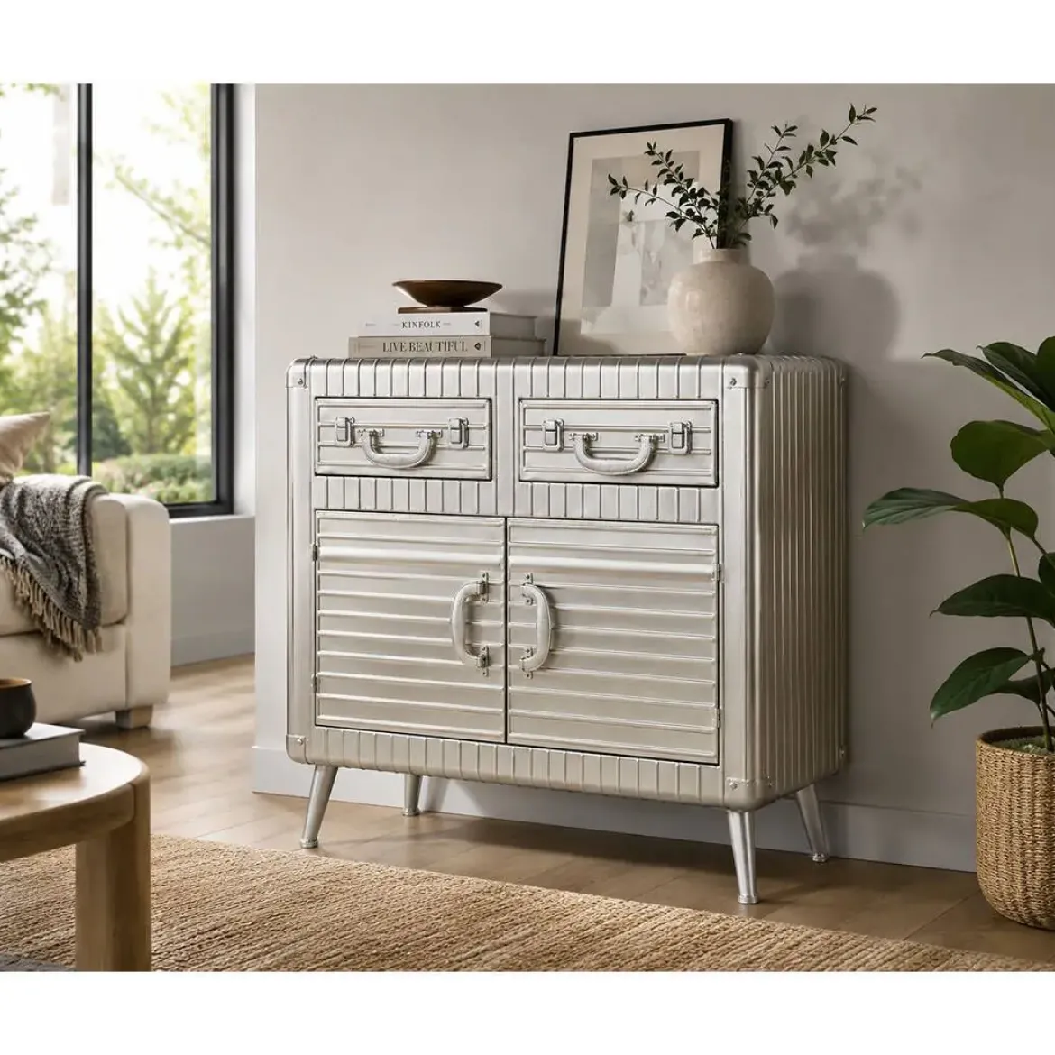 Aparador Industrial de Metal y MDF Color Plateado MB-210122