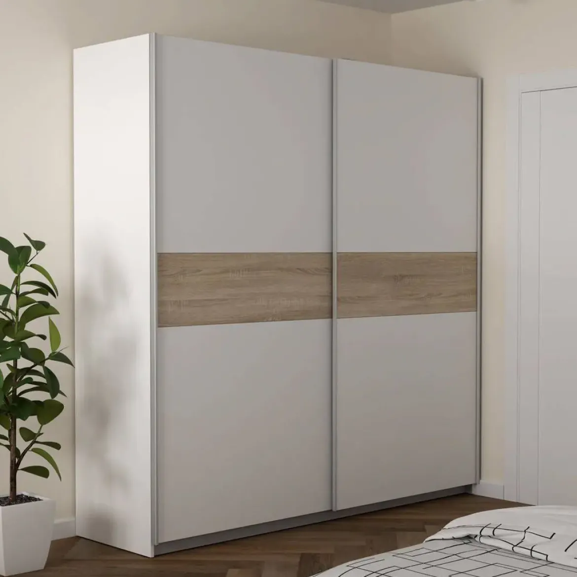 Armario de Dormitorio 200 cm 2 Puertas Correderas Blanco Roble Sonoma WNPS323E1-Q89