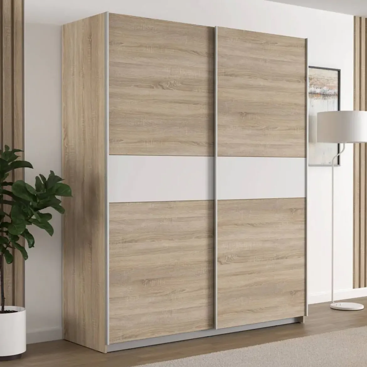 Armario de Dormitorio de 170 cm 2 Puertas Correderas Blanco Roble Sonoma WNPS823E1-Q45