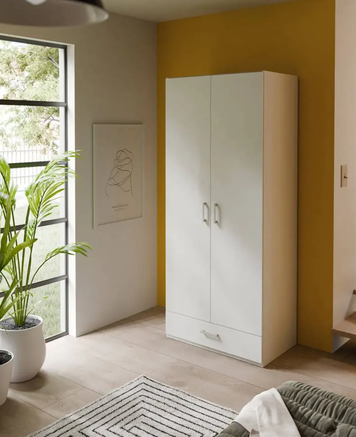 Armario de Dormitorio 2 Puertas y 1 Cajón Estructura de Melamina Blanco ECBS923-120