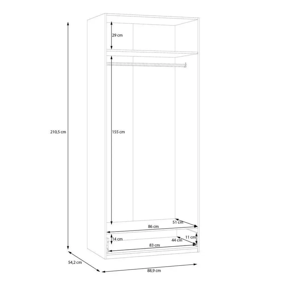 Armario de Dormitorio 2 Puertas y 1 Cajón Estructura de Melamina Blanco ECBS923-120