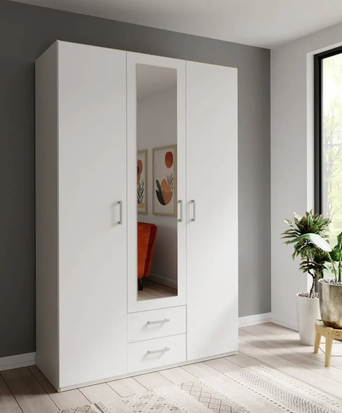 Armario de Dormitorio 2 Puertas con Espejo y 2 Cajones Blanco ECBS931-120