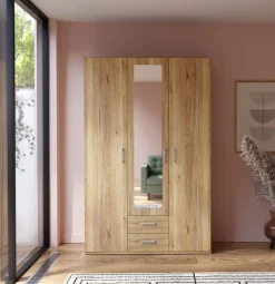 Armario de Dormitorio 2 Puertas con Espejo y 2 Cajones Natural ECBS931-D108