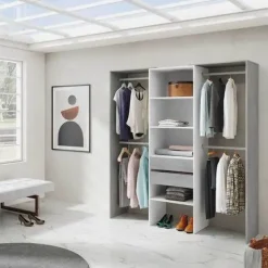 Armario-vestidor TIDY blanco y cemento con estantes, dos cajones y 4 barras 0L8552A