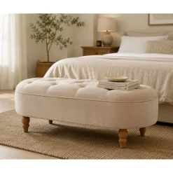 Banqueta en Terciopelo Beige con Patas de Madera GABAR 10277