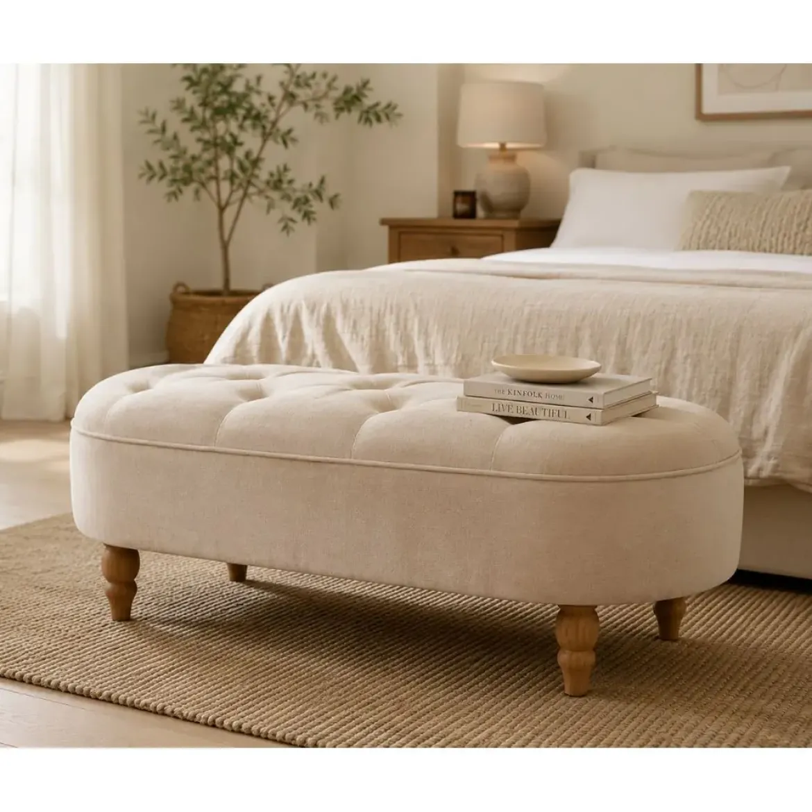 Banqueta en Terciopelo Beige con Patas de Madera GABAR 10277
