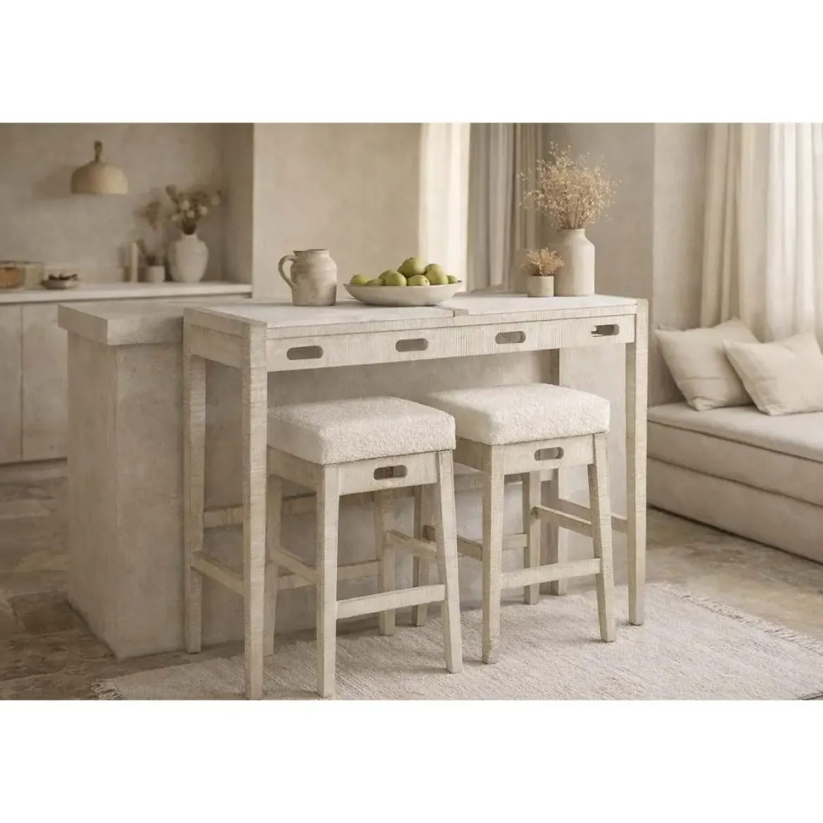 Barra de Cocina en Mármol y Madera con Taburetes MB-220151