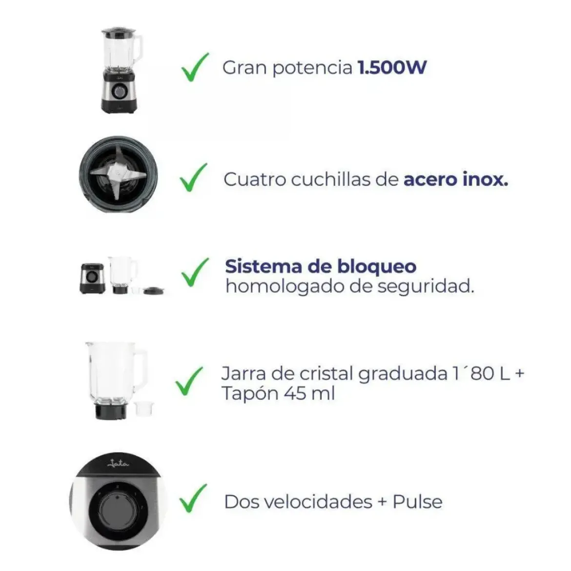 Batidora de Vaso Potente de Cristal 1.500 W JEBT3855 JATA