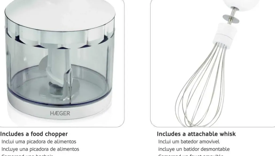 Batidora HAEGER 400 W + Picadora+ Montaclaras con Vaso Medidor Doce Plus HB400012A
