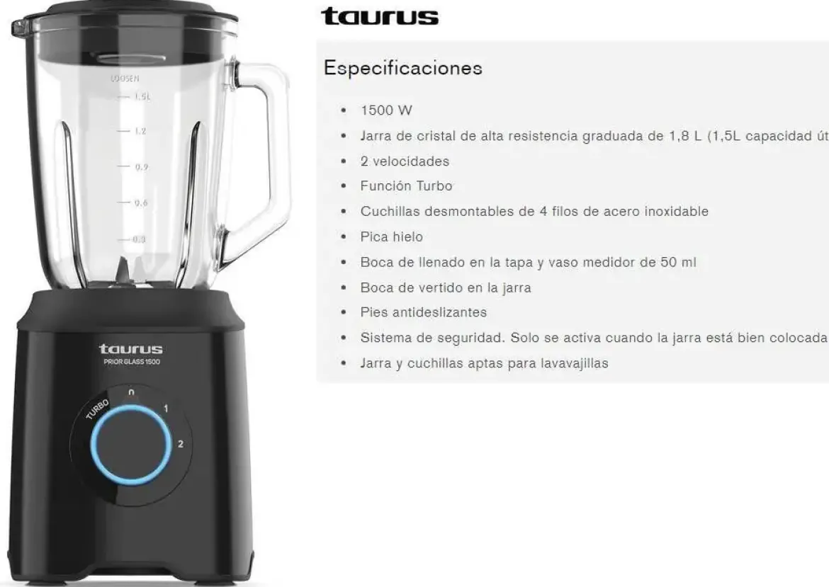 Batidora Taurus Prior Glass 1500W vaso cristal 1.5L pica hielo 912475000
