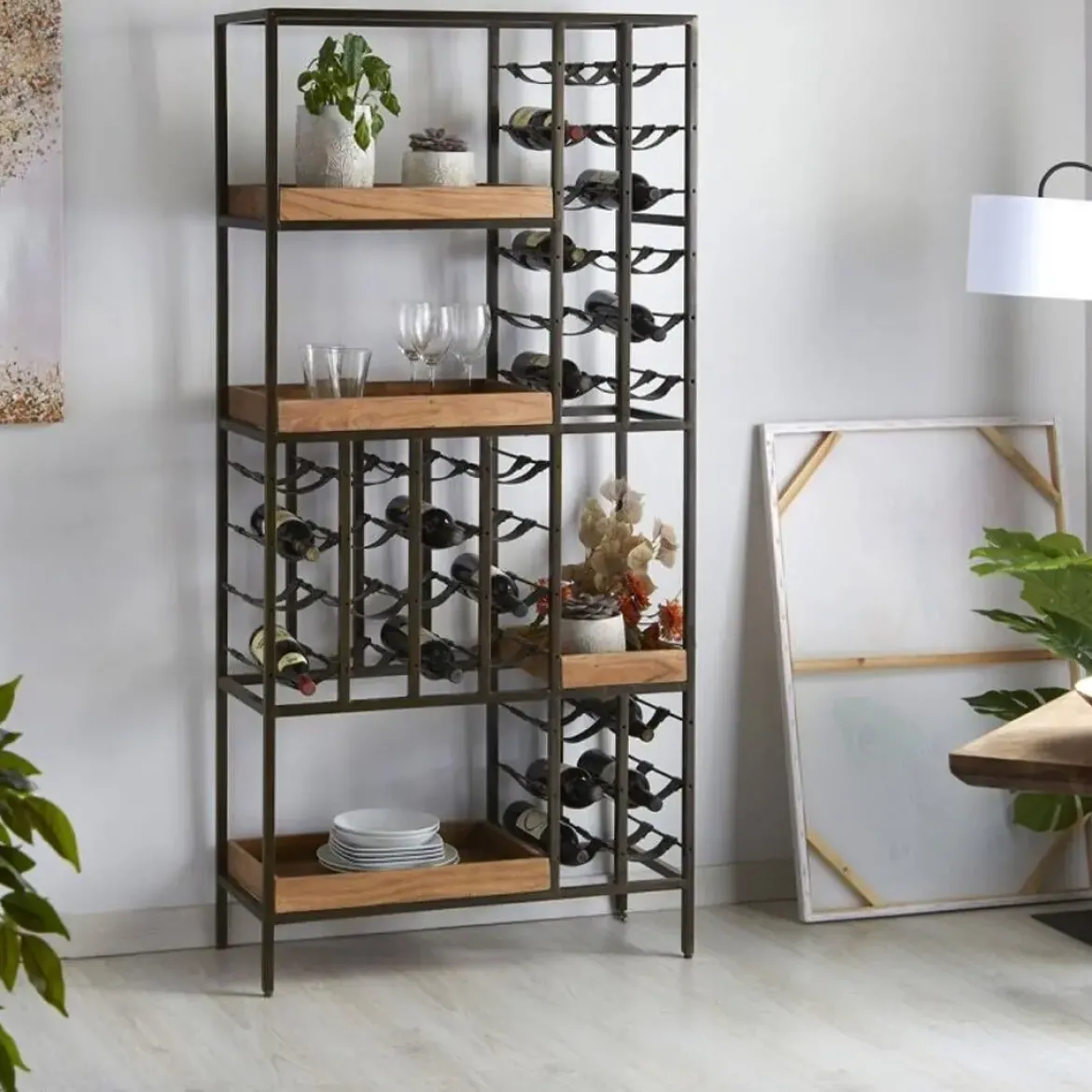 Botellero de 4 Pisos con Estructura de Metal Negro y Estanterías de Acacia Natural 68-419