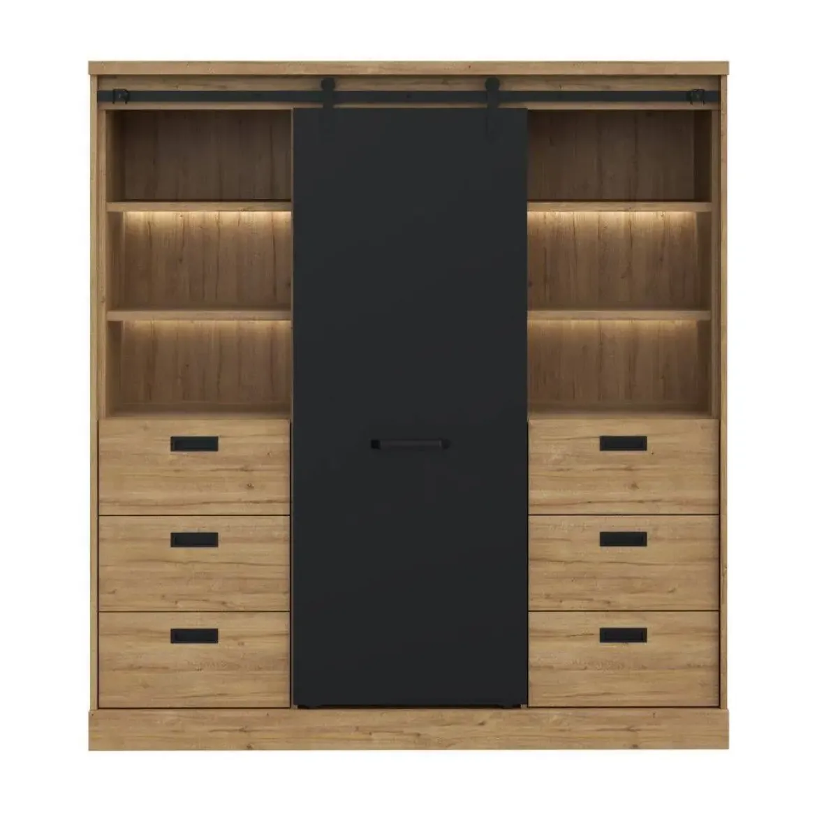 Buffet con 6 Cajones y LED en Roble Waterford y Negro KASZIMIRO KZMR631B-M328