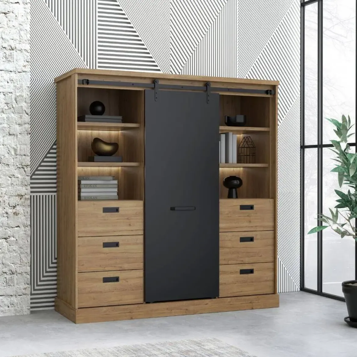Buffet con 6 Cajones y LED en Roble Waterford y Negro KASZIMIRO KZMR631B-M328