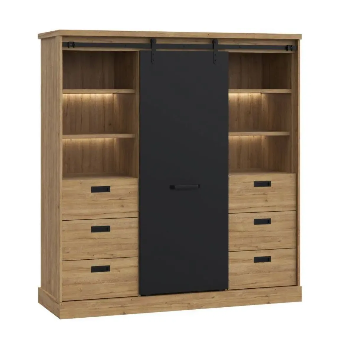 Buffet con 6 Cajones y LED en Roble Waterford y Negro KASZIMIRO KZMR631B-M328