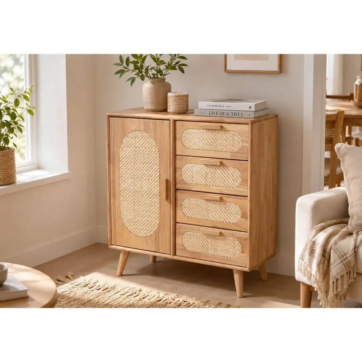 Buffet de Madera Rubberwood con Ratán Natural y 4 Cajones MB-212344