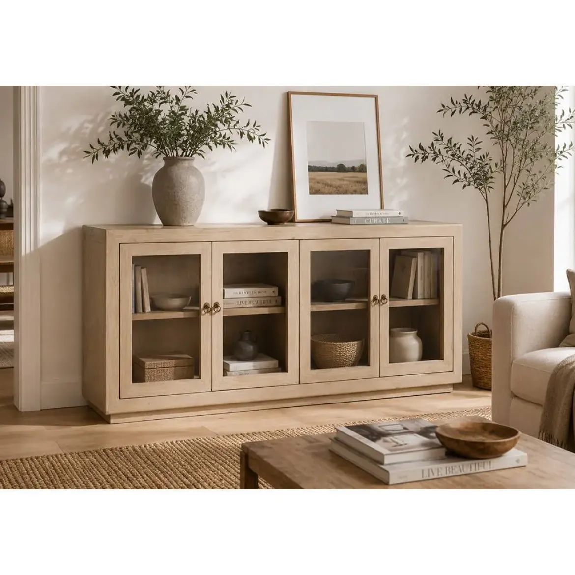 Buffet de Olmo Macizo con 4 Puertas de Cristal MB-226314