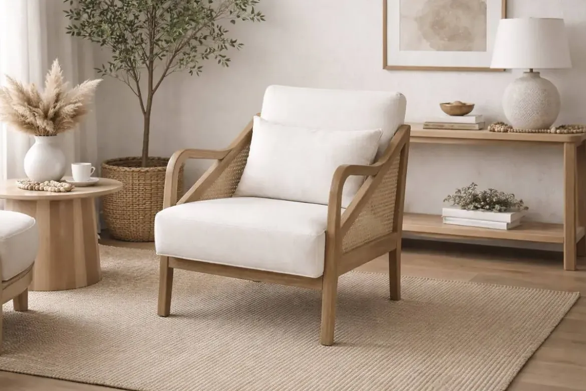Butaca de Salón en Madera de Hevea y Ratán Beige MB-227839