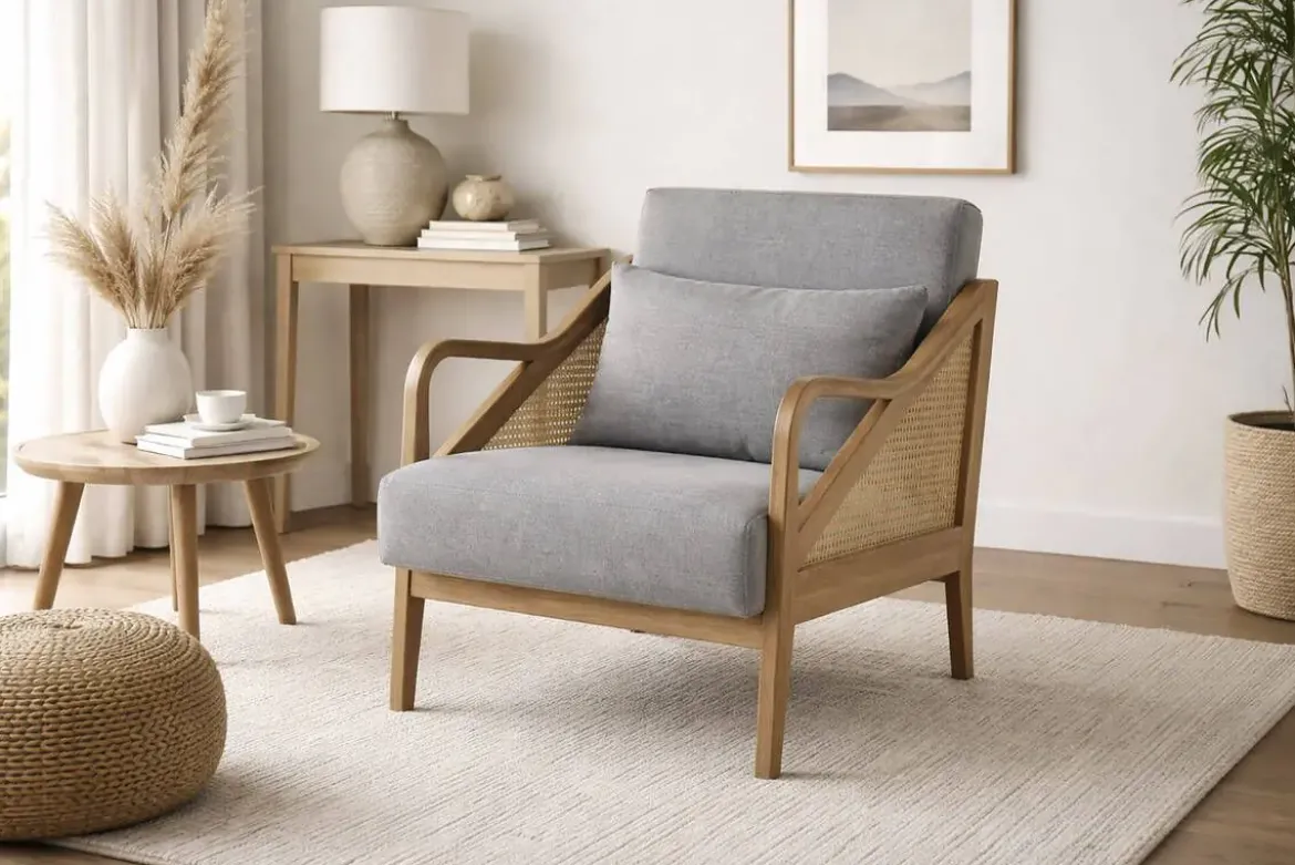 Butaca de Salón en Madera de Hevea y Ratán Gris MB-227840