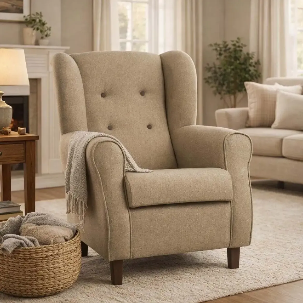 Butaca modelo TURIN clásica orejera con patas de madera Color beige