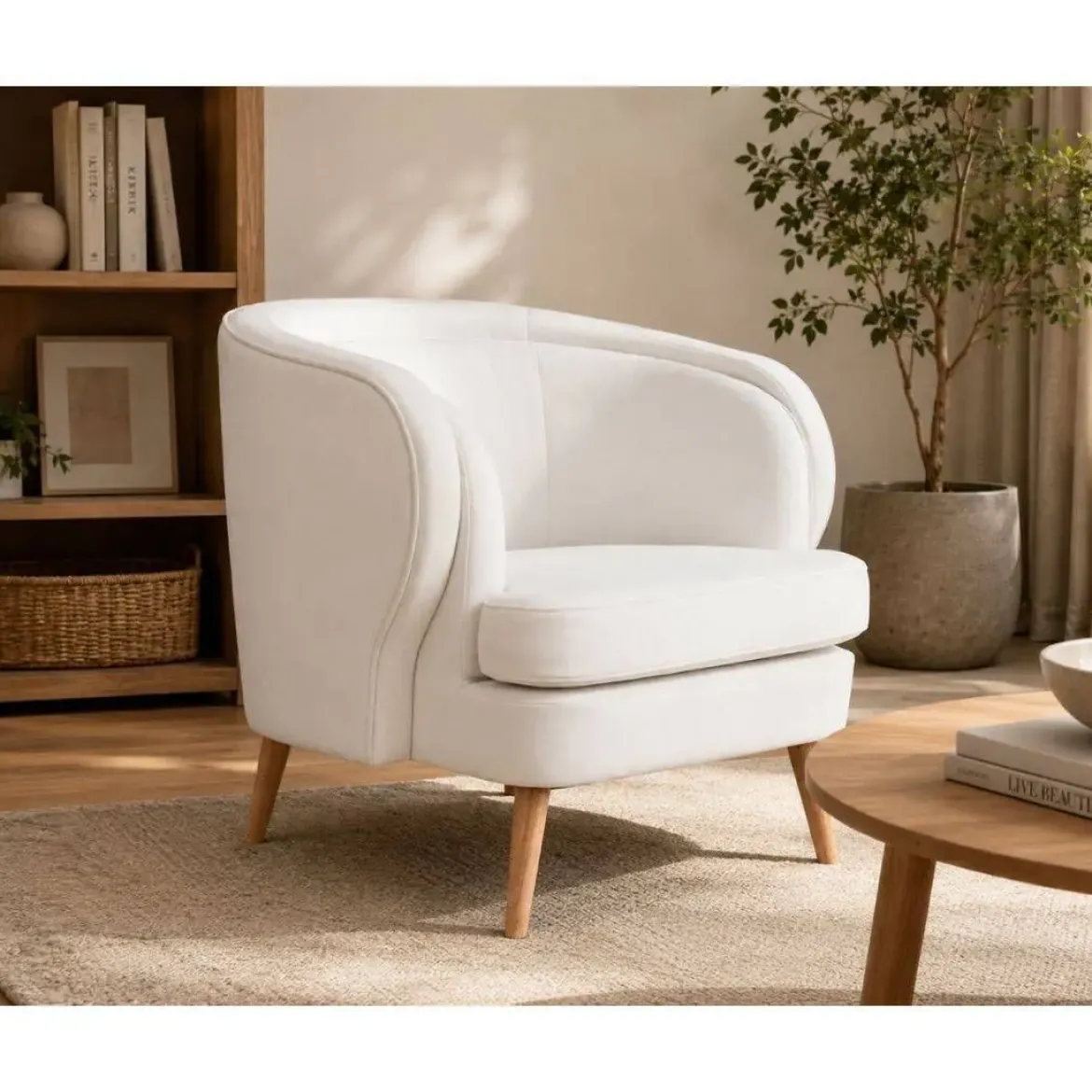 Butaca Tapizada en Poliéster Blanco con Patas de Madera MB-206609