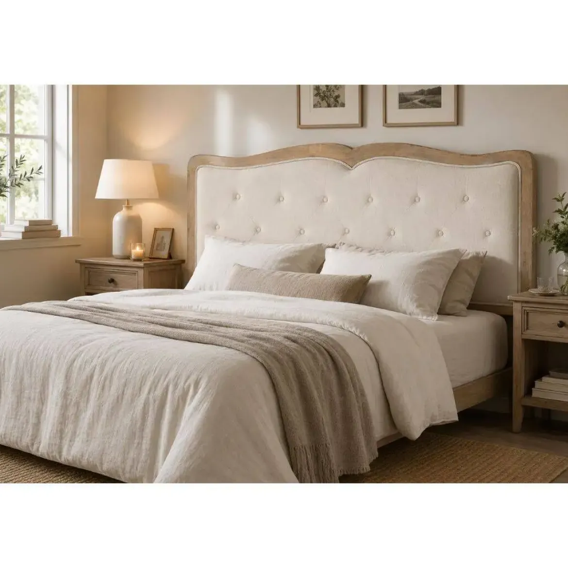 Cabecero Tapizado Beige Estructura de Roble MB-203411
