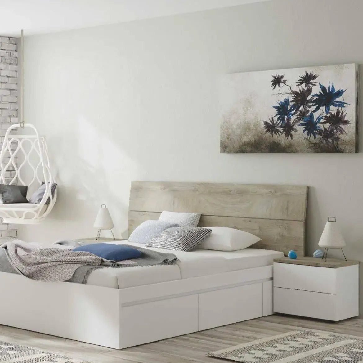 Cabezal y mesitas de noche roble Alaska y blanco Artik 016073C