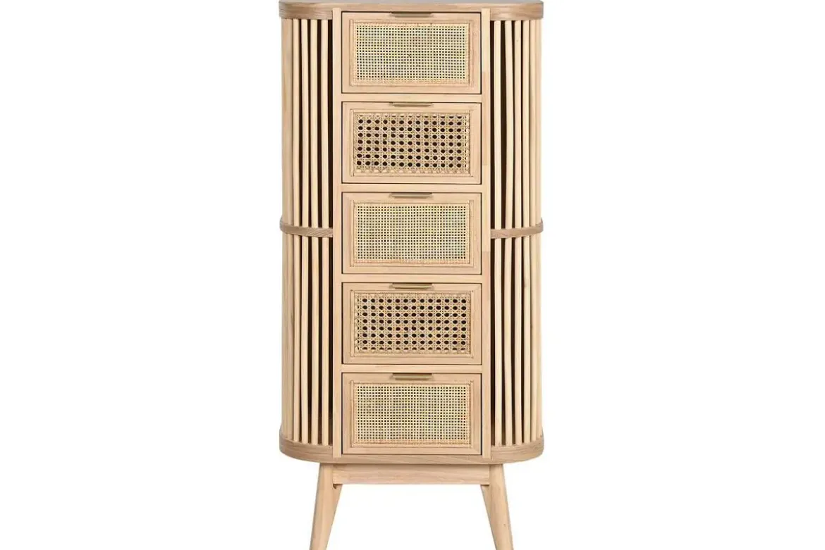 Cajonera de Madera de Abeto y Ratán Natural 5 Cajones MB-212469