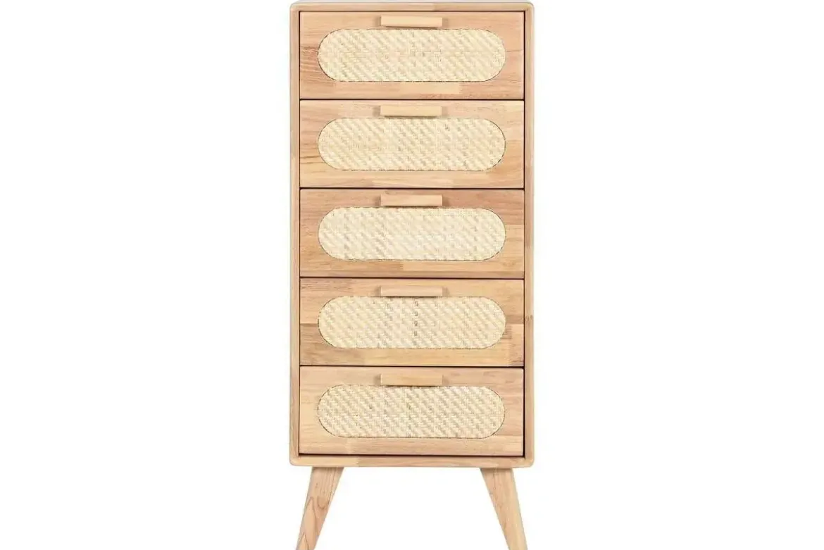 Cajonera de Madera Rubberwood con 5 Cajones de Ratán MB-212347