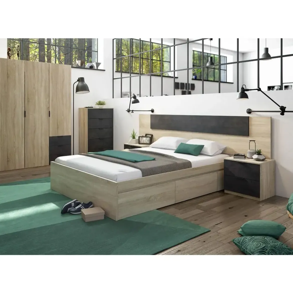 Cama con 4 cajones color roble canadian 006088F