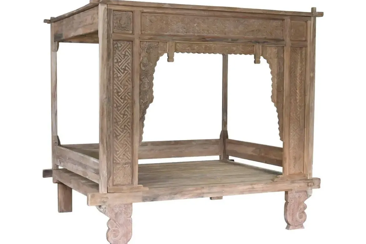 Cama con Dosel de Madera de Teca Tallada MB-220067