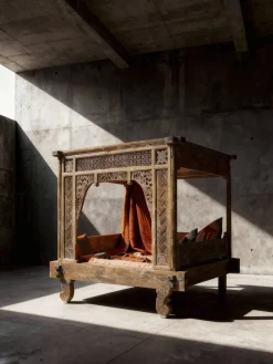 Cama con Dosel de Madera de Teca Tallada MB-220067
