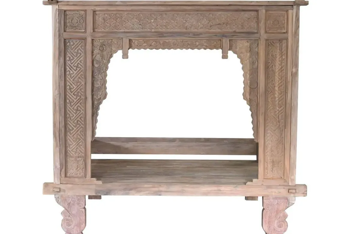 Cama con Dosel de Madera de Teca Tallada MB-220067
