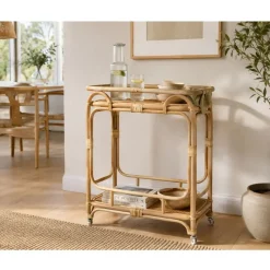 Camarera de Ratán Natural con Ruedas y Dos Estantes MB-223987