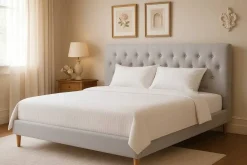 Cama Tapizada con Cabecero Acolchado en Poliéster Blanco MB-222042