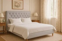 Cama Tapizada con Cabecero Acolchado en Poliéster Gris MB-222043