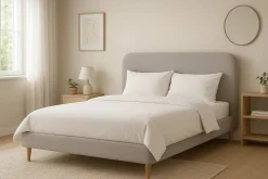 Cama Tapizada con Cabecero Acolchado en Poliéster Beige MB-222045