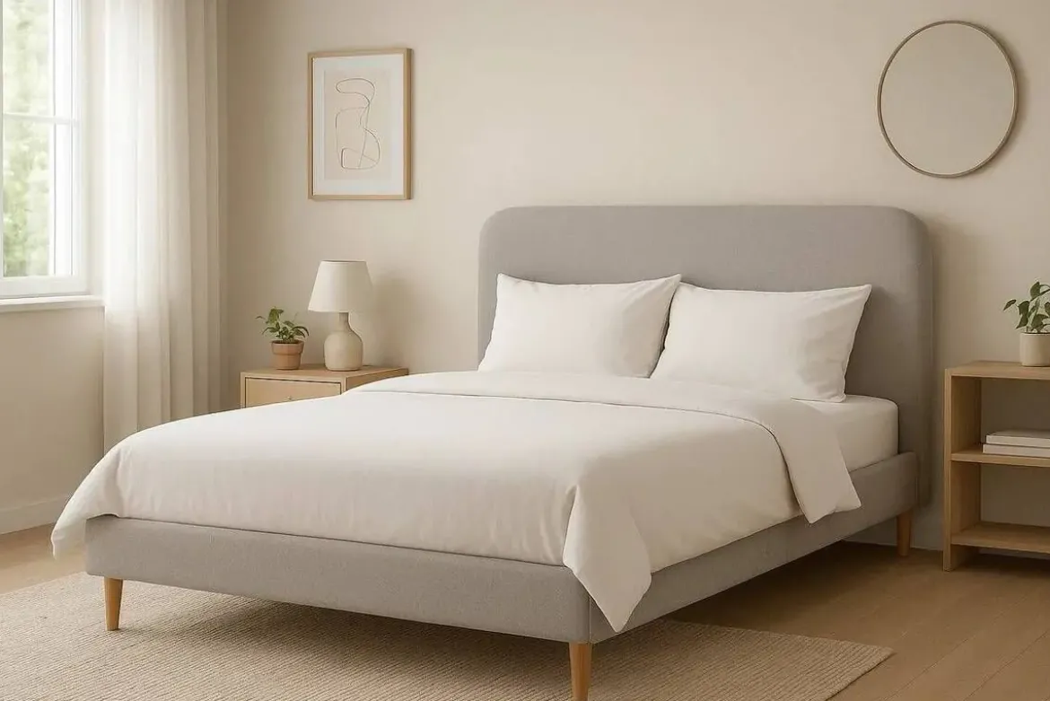 Cama Tapizada con Cabecero Acolchado en Poliéster Beige MB-222045