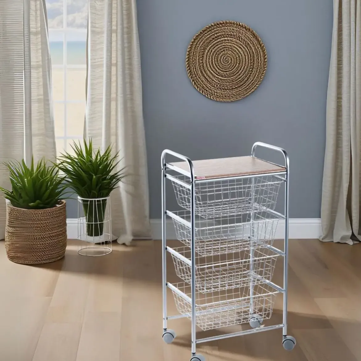 Carrito de Cocina de Acero Inoxidable y Madera Efecto Alistonado Gris A000428B