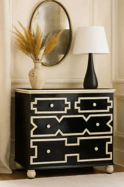 Cómoda Artesanal de Hueso Negra con Taracea Hecha a Mano MB-217978