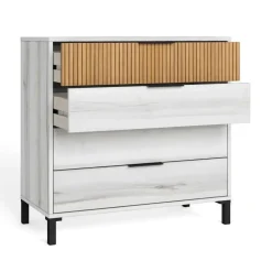 Cómoda de 4 Cajones de Melamina y Metal Acabado Albo y Rayado Natural ARLÉS TR3665