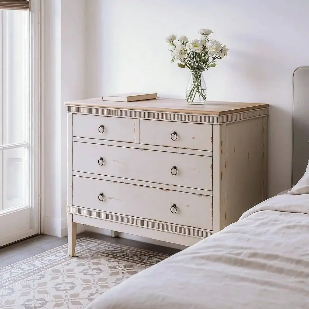 Cómoda de Dormitorio Estructura en Madera Natural y Crema Envejecido 4 Cajones 615204