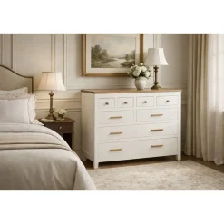 Cómoda de Madera Blanca con 8 Cajones en Mango y Acacia MB-207442