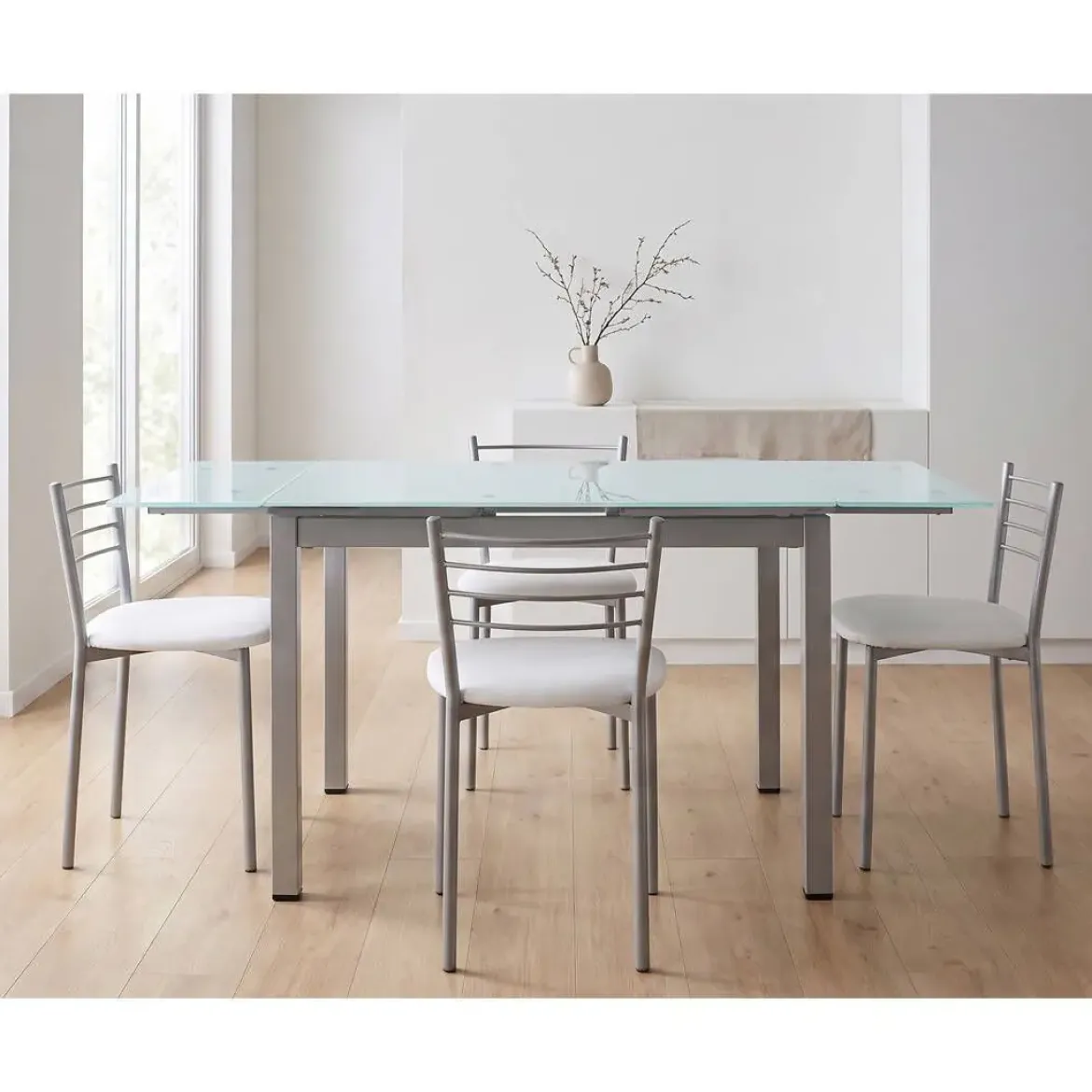 Comedor Completo Mesa de Cristal y 4 Sillas de Polipiel Metal