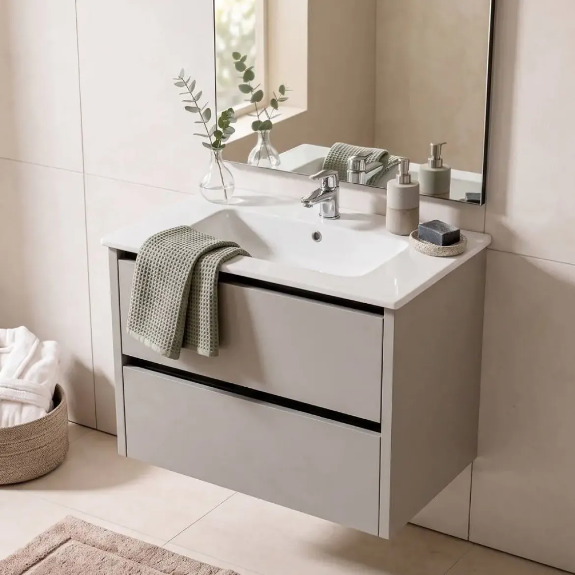 Conjunto de Baño 60 cm con Lavabo Espejo y Grifo FAMILY TECH