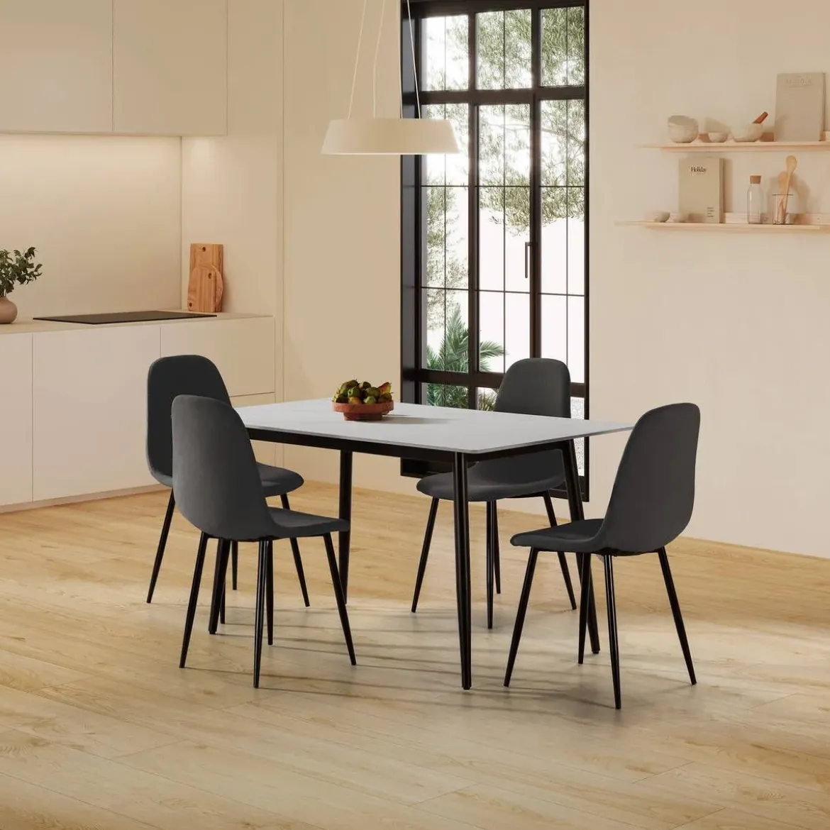 Conjunto de Comedor con Mesa de Cerámica y 4 Sillas Tapizadas FIORDO