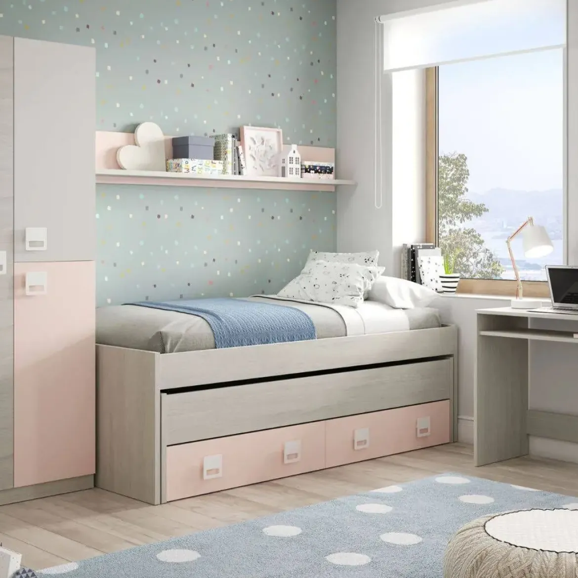 Conjunto de dormitorio NUBE de doble cama con dos cajones y estante 0M7449Y