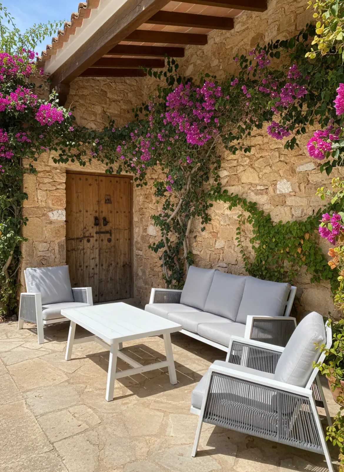 Conjunto de Jardín Blanco con Cuerdas y Cojines Grises GRANADA